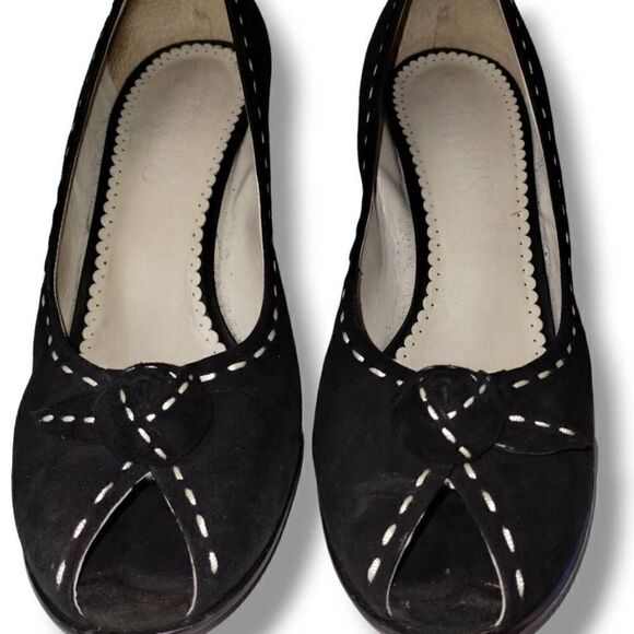 Franco Sarto Womens Black Suede Heel Size 8.5 Open Toe White Stitching 3" Heel - Picture 10 of 11